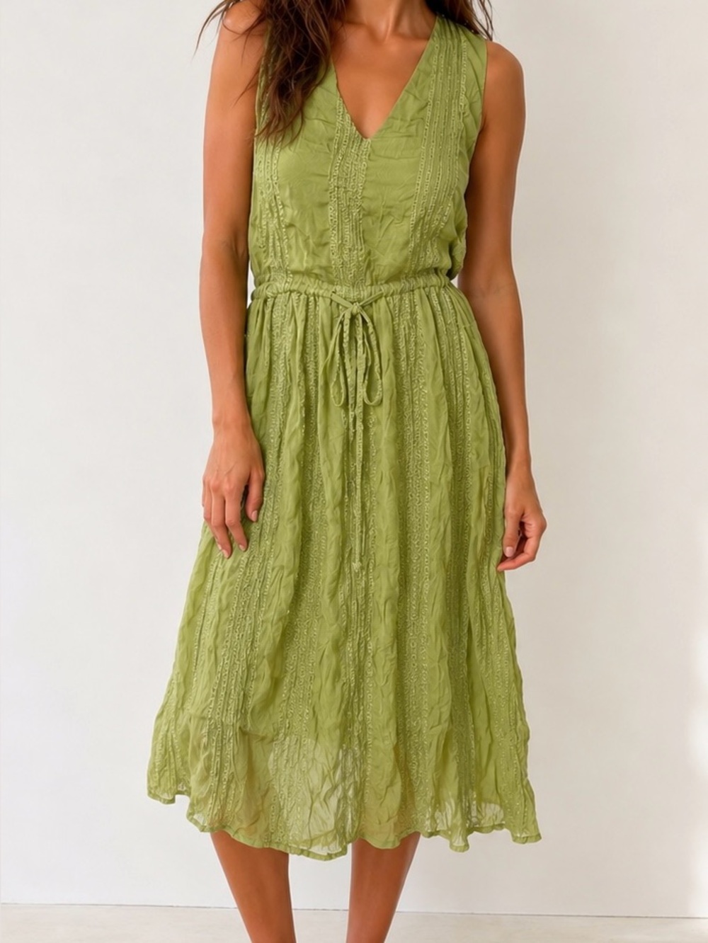 Mystree Olive Green Sleeveless Midi Dress with Tie Waist